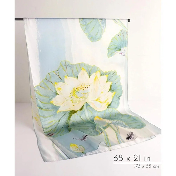 Women's Silk Green Lotus Leaves Long Scarf Shawl for Head Neck and Hair Wrap - Picture 6 of 10